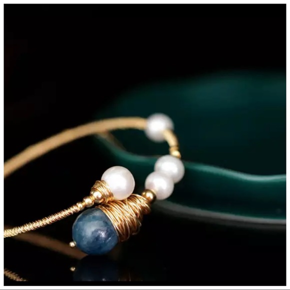 Natural Pearl & Stone Handmade Artisan Blue & Gold Bracelet - Picture 3 of 6